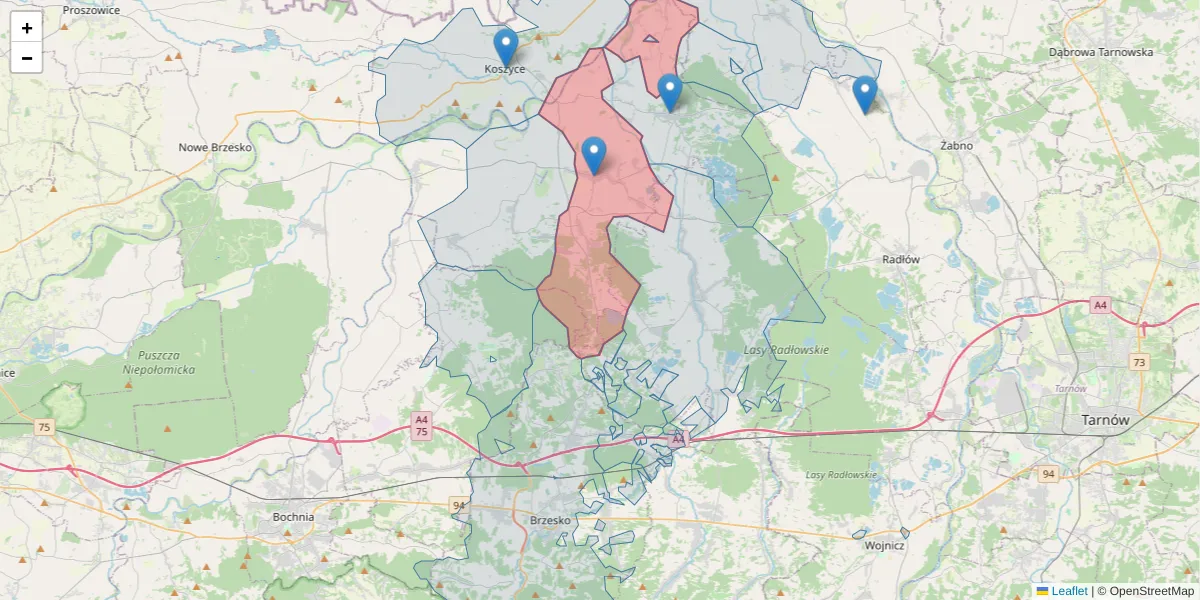 Szczegółowa mapa kodu pocztowego 32-820 z granicami, sąsiednimi kodami pocztowymi i urzędami pocztowymi