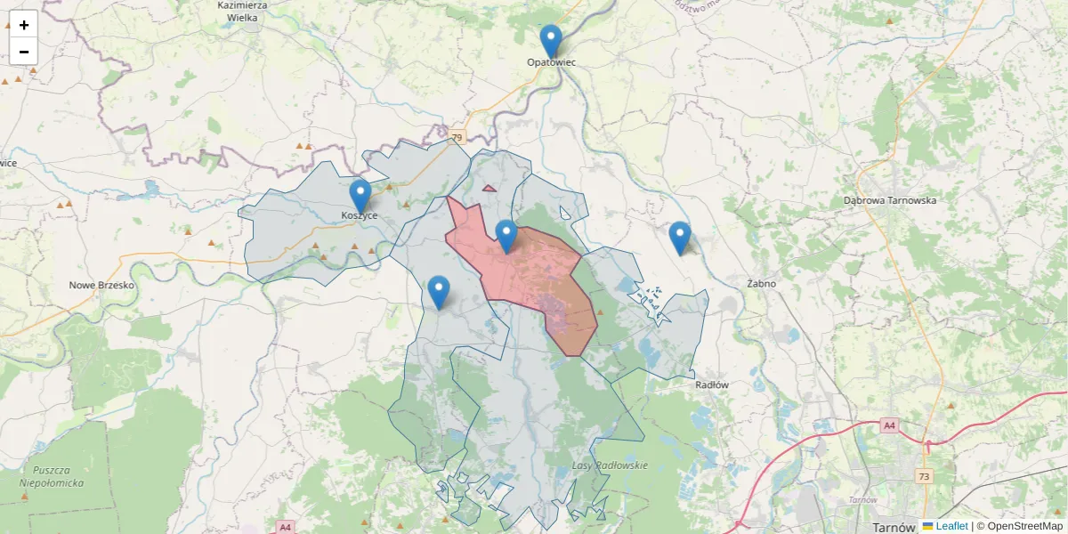 Szczegółowa mapa kodu pocztowego 32-821 z granicami, sąsiednimi kodami pocztowymi i urzędami pocztowymi