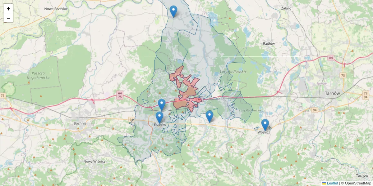 Szczegółowa mapa kodu pocztowego 32-823 z granicami, sąsiednimi kodami pocztowymi i urzędami pocztowymi