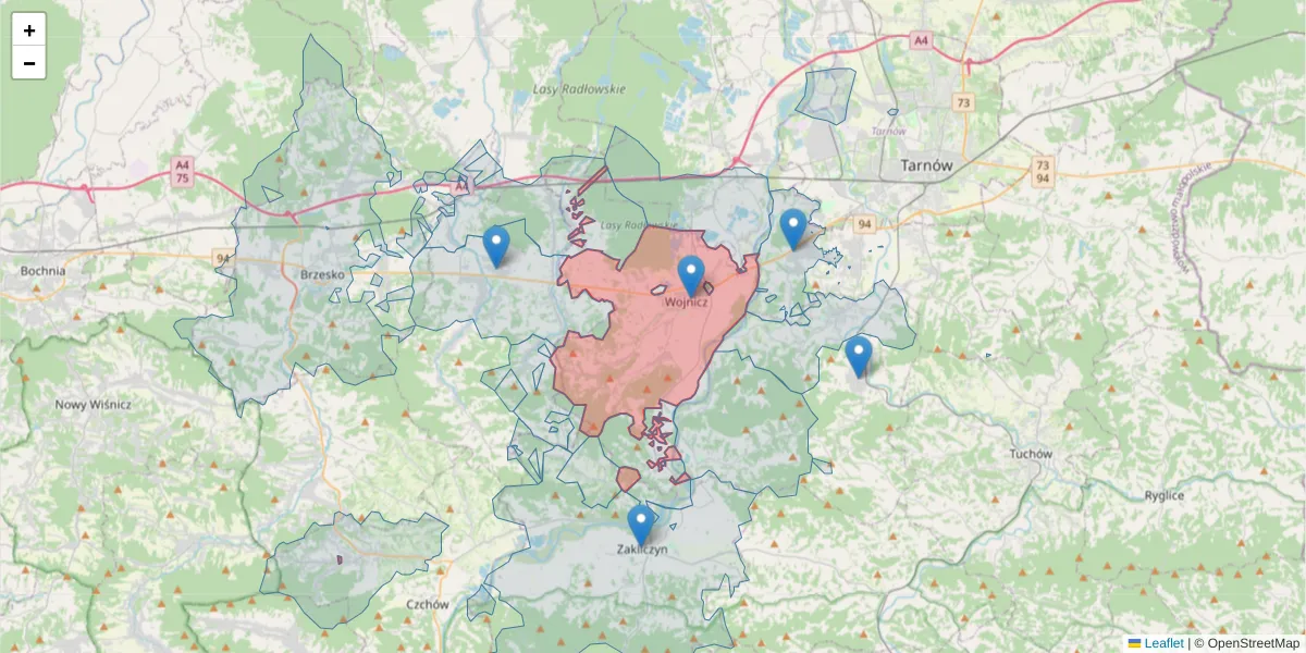 Szczegółowa mapa kodu pocztowego 32-830 z granicami, sąsiednimi kodami pocztowymi i urzędami pocztowymi