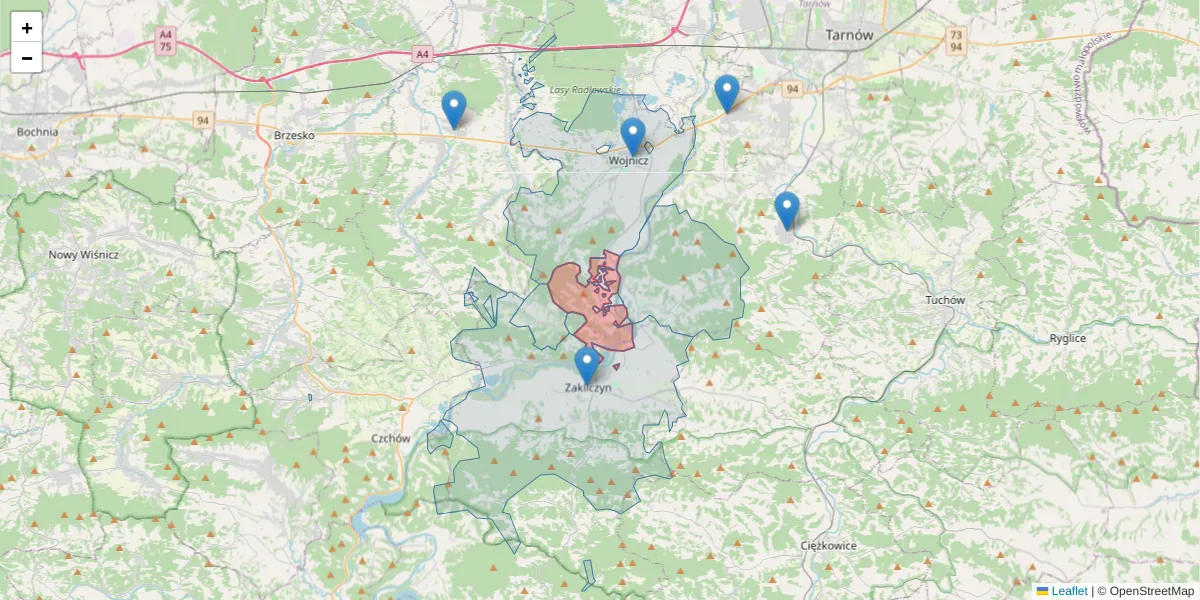 Szczegółowa mapa kodu pocztowego 32-831 z granicami, sąsiednimi kodami pocztowymi i urzędami pocztowymi