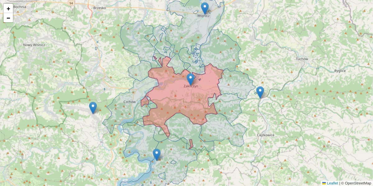 Szczegółowa mapa kodu pocztowego 32-840 z granicami, sąsiednimi kodami pocztowymi i urzędami pocztowymi