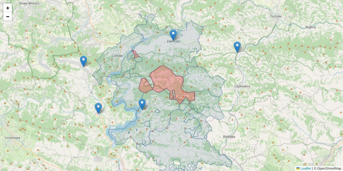 Szczegółowa mapa kodu pocztowego 32-842 z granicami, sąsiednimi kodami pocztowymi i urzędami pocztowymi