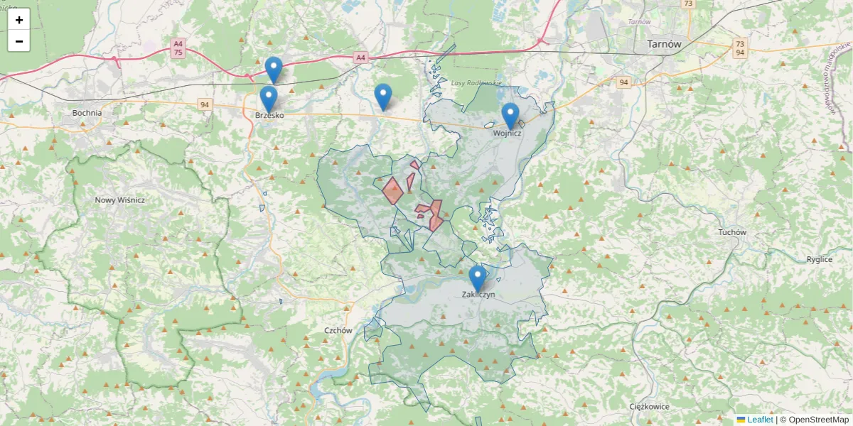 Szczegółowa mapa kodu pocztowego 32-853 z granicami, sąsiednimi kodami pocztowymi i urzędami pocztowymi