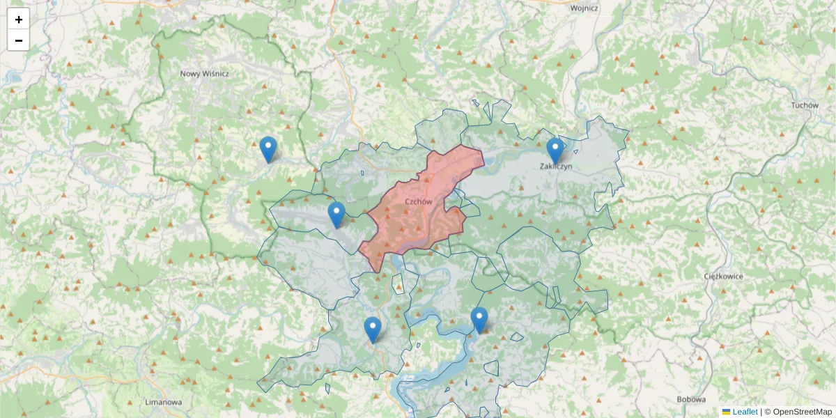 Szczegółowa mapa kodu pocztowego 32-860 z granicami, sąsiednimi kodami pocztowymi i urzędami pocztowymi