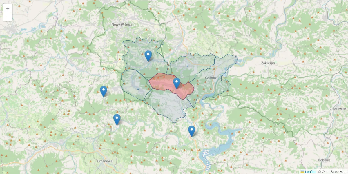 Szczegółowa mapa kodu pocztowego 32-861 z granicami, sąsiednimi kodami pocztowymi i urzędami pocztowymi