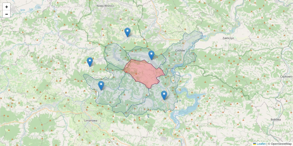 Szczegółowa mapa kodu pocztowego 32-862 z granicami, sąsiednimi kodami pocztowymi i urzędami pocztowymi