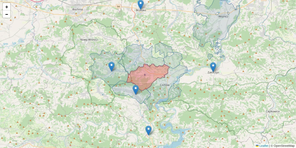 Szczegółowa mapa kodu pocztowego 32-863 z granicami, sąsiednimi kodami pocztowymi i urzędami pocztowymi