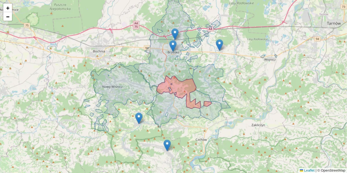 Szczegółowa mapa kodu pocztowego 32-865 z granicami, sąsiednimi kodami pocztowymi i urzędami pocztowymi