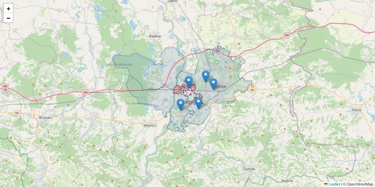 Szczegółowa mapa kodu pocztowego 33-101 z granicami, sąsiednimi kodami pocztowymi i urzędami pocztowymi