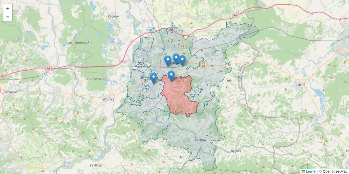 Szczegółowa mapa kodu pocztowego 33-112 z granicami, sąsiednimi kodami pocztowymi i urzędami pocztowymi