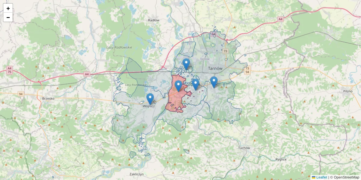 Szczegółowa mapa kodu pocztowego 33-113 z granicami, sąsiednimi kodami pocztowymi i urzędami pocztowymi