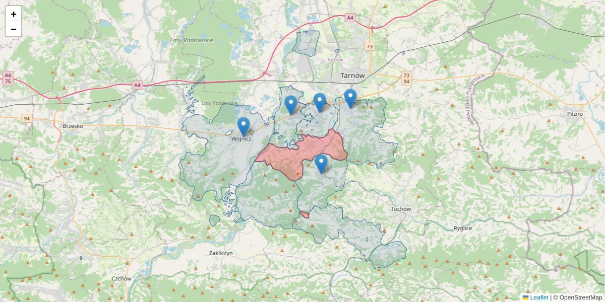 Szczegółowa mapa kodu pocztowego 33-114 z granicami, sąsiednimi kodami pocztowymi i urzędami pocztowymi