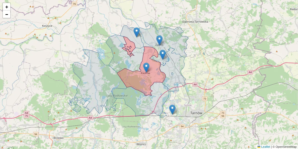 Szczegółowa mapa kodu pocztowego 33-130 z granicami, sąsiednimi kodami pocztowymi i urzędami pocztowymi