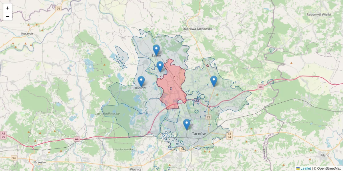 Szczegółowa mapa kodu pocztowego 33-131 z granicami, sąsiednimi kodami pocztowymi i urzędami pocztowymi