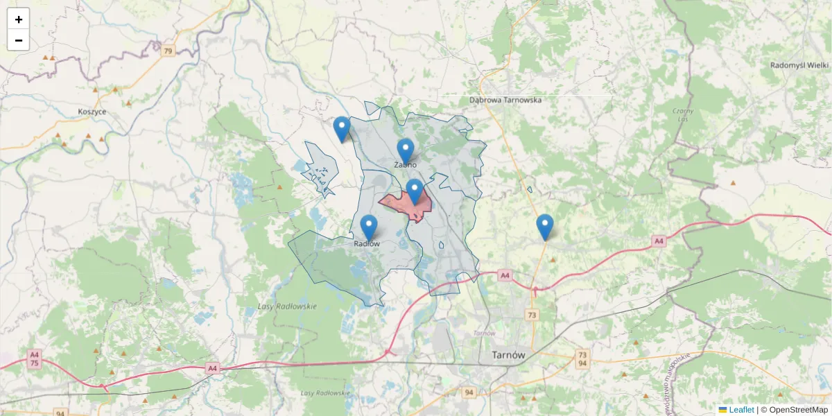 Szczegółowa mapa kodu pocztowego 33-132 z granicami, sąsiednimi kodami pocztowymi i urzędami pocztowymi