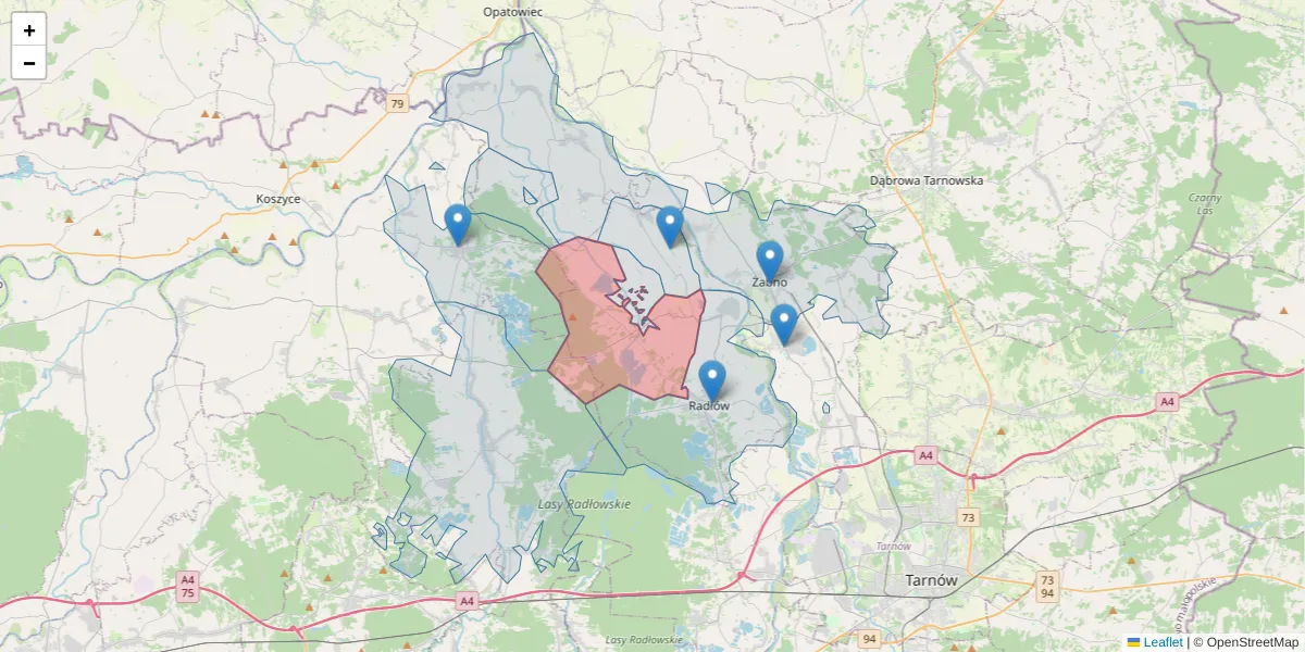 Szczegółowa mapa kodu pocztowego 33-133 z granicami, sąsiednimi kodami pocztowymi i urzędami pocztowymi