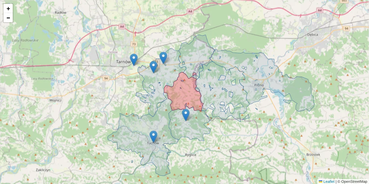 Szczegółowa mapa kodu pocztowego 33-158 z granicami, sąsiednimi kodami pocztowymi i urzędami pocztowymi