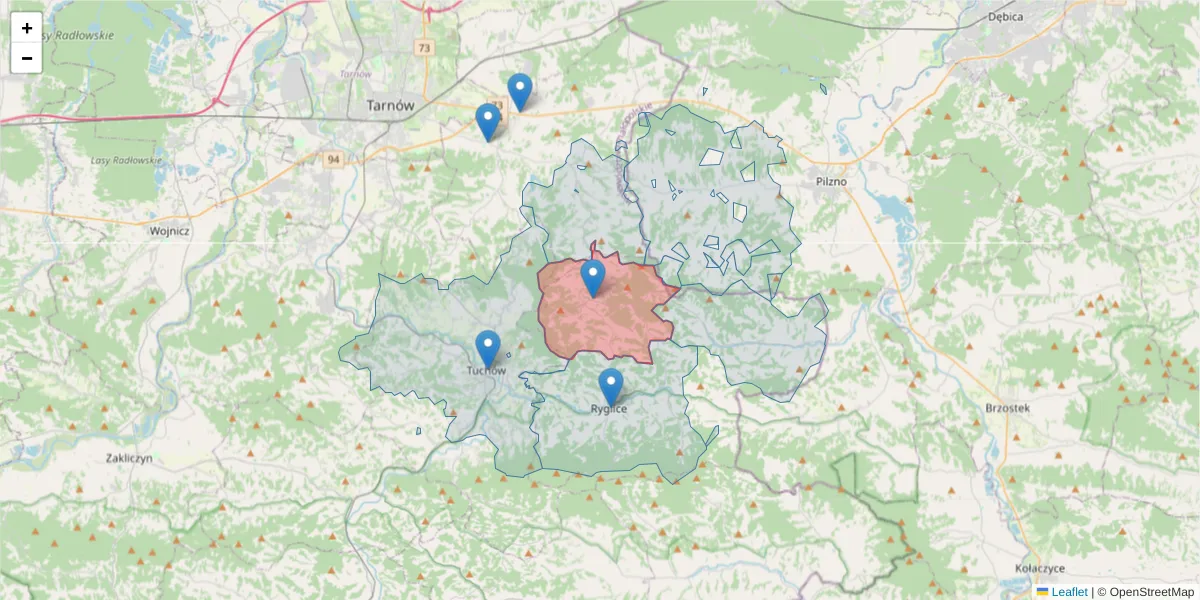 Szczegółowa mapa kodu pocztowego 33-159 z granicami, sąsiednimi kodami pocztowymi i urzędami pocztowymi