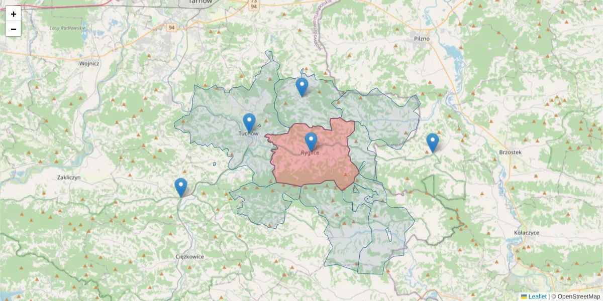 Szczegółowa mapa kodu pocztowego 33-160 z granicami, sąsiednimi kodami pocztowymi i urzędami pocztowymi