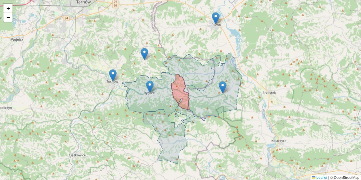 Szczegółowa mapa kodu pocztowego 33-161 z granicami, sąsiednimi kodami pocztowymi i urzędami pocztowymi