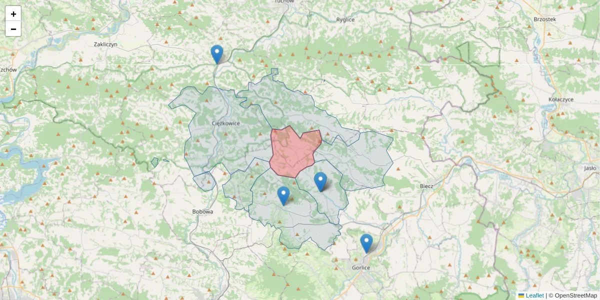 Szczegółowa mapa kodu pocztowego 33-167 z granicami, sąsiednimi kodami pocztowymi i urzędami pocztowymi