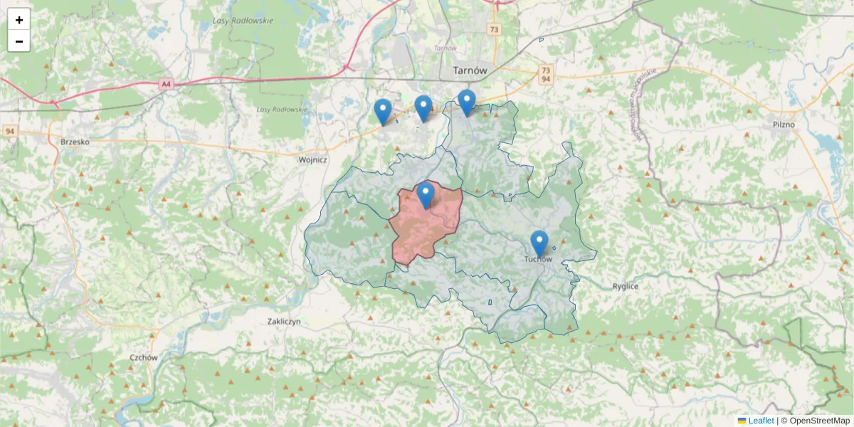 Szczegółowa mapa kodu pocztowego 33-171 z granicami, sąsiednimi kodami pocztowymi i urzędami pocztowymi