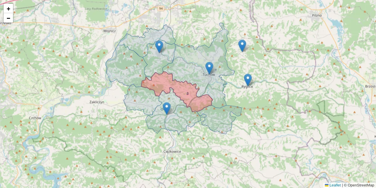 Szczegółowa mapa kodu pocztowego 33-172 z granicami, sąsiednimi kodami pocztowymi i urzędami pocztowymi