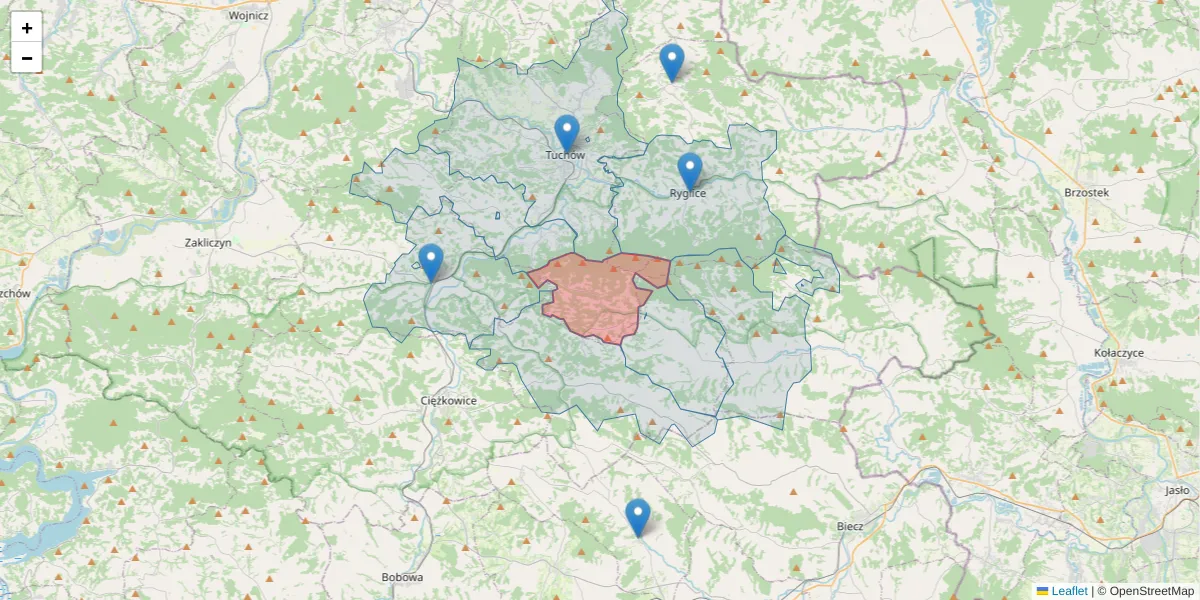 Szczegółowa mapa kodu pocztowego 33-173 z granicami, sąsiednimi kodami pocztowymi i urzędami pocztowymi