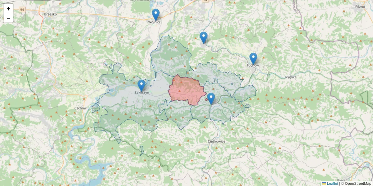 Szczegółowa mapa kodu pocztowego 33-181 z granicami, sąsiednimi kodami pocztowymi i urzędami pocztowymi