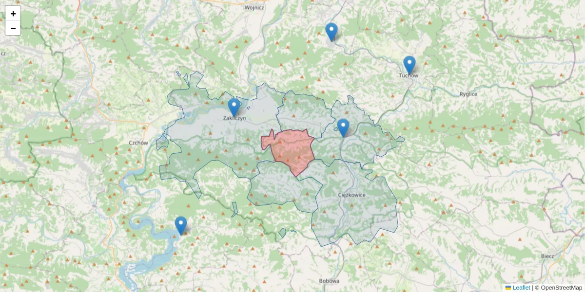 Szczegółowa mapa kodu pocztowego 33-182 z granicami, sąsiednimi kodami pocztowymi i urzędami pocztowymi