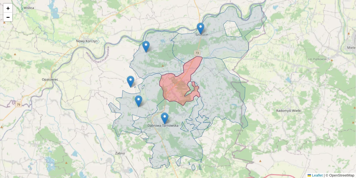 Szczegółowa mapa kodu pocztowego 33-202 z granicami, sąsiednimi kodami pocztowymi i urzędami pocztowymi