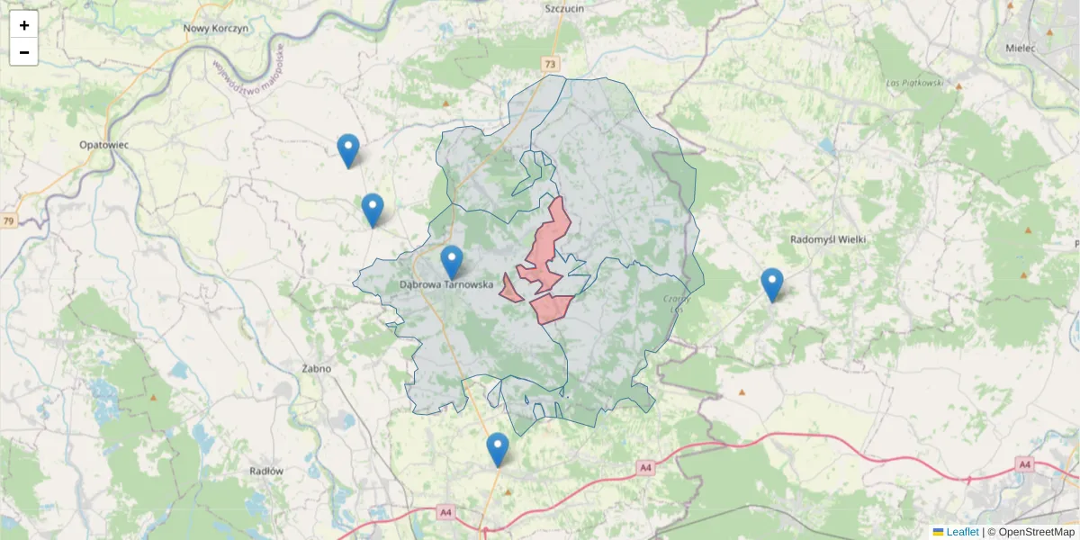 Szczegółowa mapa kodu pocztowego 33-205 z granicami, sąsiednimi kodami pocztowymi i urzędami pocztowymi