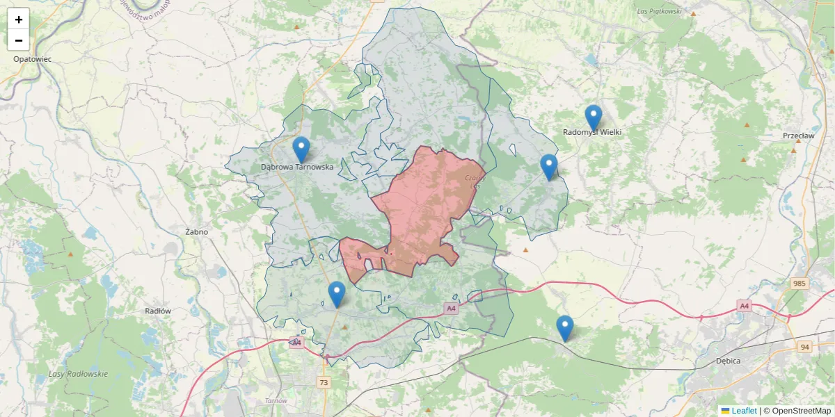 Szczegółowa mapa kodu pocztowego 33-206 z granicami, sąsiednimi kodami pocztowymi i urzędami pocztowymi