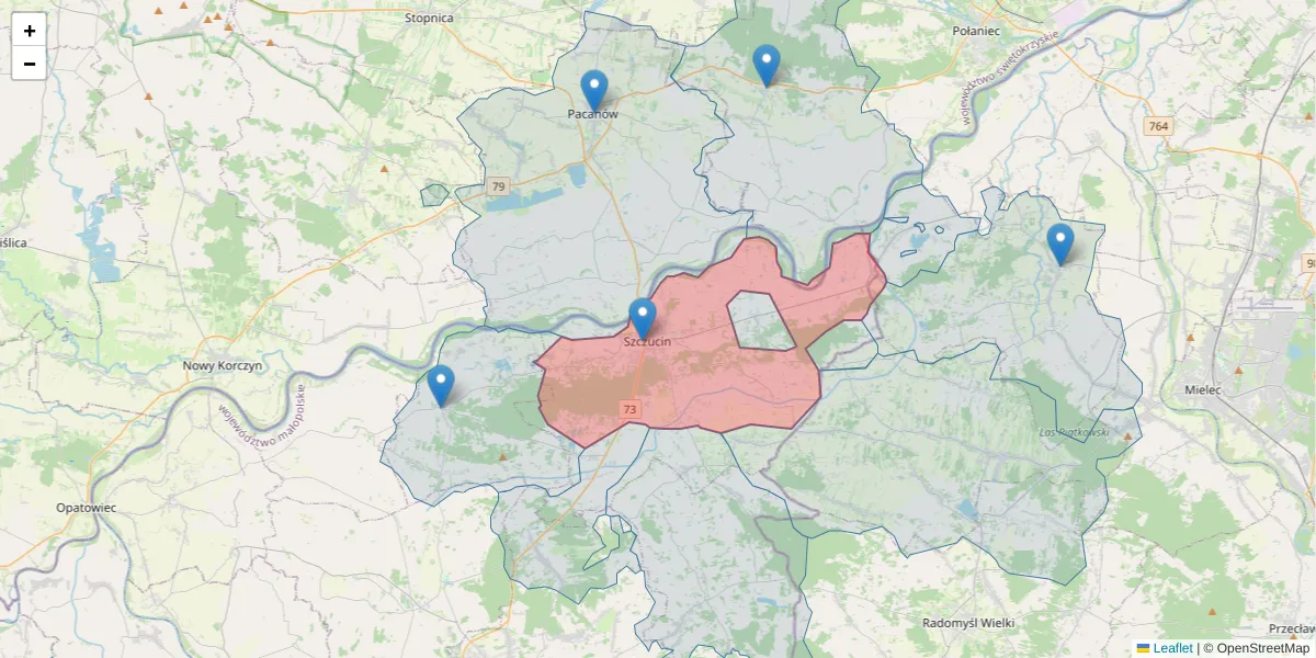 Szczegółowa mapa kodu pocztowego 33-230 z granicami, sąsiednimi kodami pocztowymi i urzędami pocztowymi