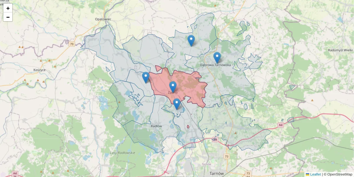 Szczegółowa mapa kodu pocztowego 33-240 z granicami, sąsiednimi kodami pocztowymi i urzędami pocztowymi