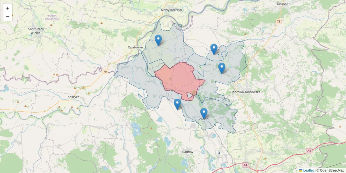 Szczegółowa mapa kodu pocztowego 33-250 z granicami, sąsiednimi kodami pocztowymi i urzędami pocztowymi