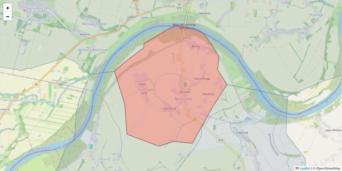 Szczegółowa mapa kodu pocztowego 33-262 z granicami, sąsiednimi kodami pocztowymi i urzędami pocztowymi