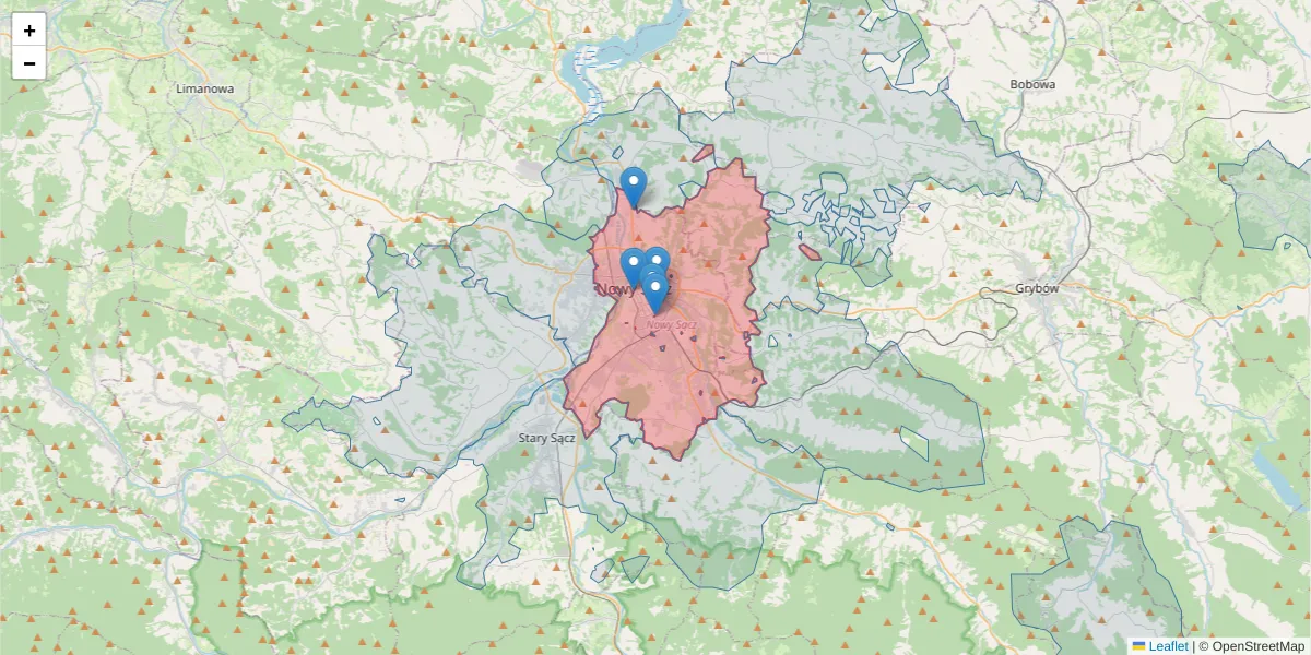 Szczegółowa mapa kodu pocztowego 33-300 z granicami, sąsiednimi kodami pocztowymi i urzędami pocztowymi