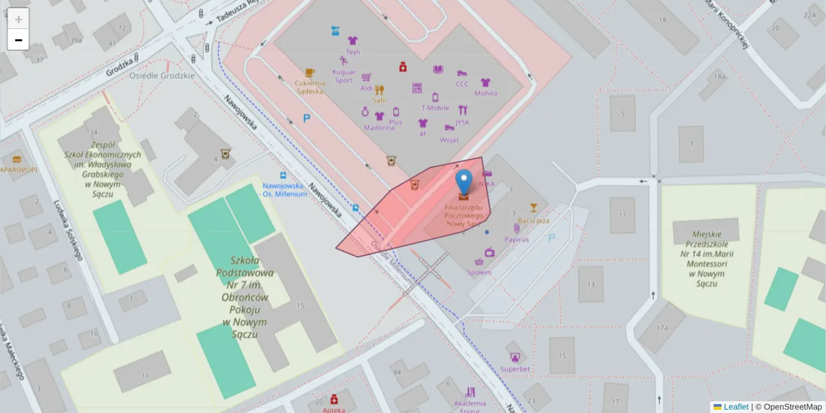 Szczegółowa mapa kodu pocztowego 33-303 z granicami, sąsiednimi kodami pocztowymi i urzędami pocztowymi