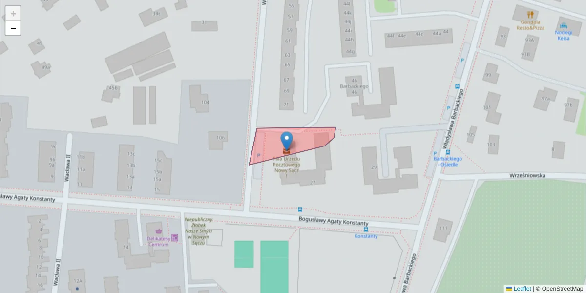 Szczegółowa mapa kodu pocztowego 33-304 z granicami, sąsiednimi kodami pocztowymi i urzędami pocztowymi