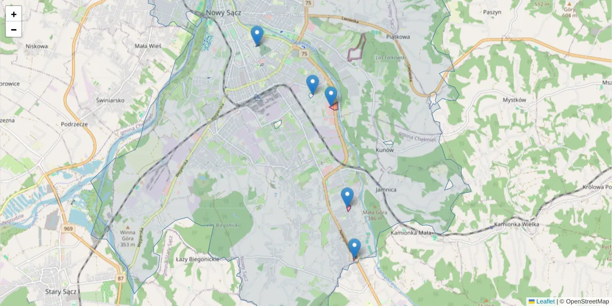 Szczegółowa mapa kodu pocztowego 33-310 z granicami, sąsiednimi kodami pocztowymi i urzędami pocztowymi