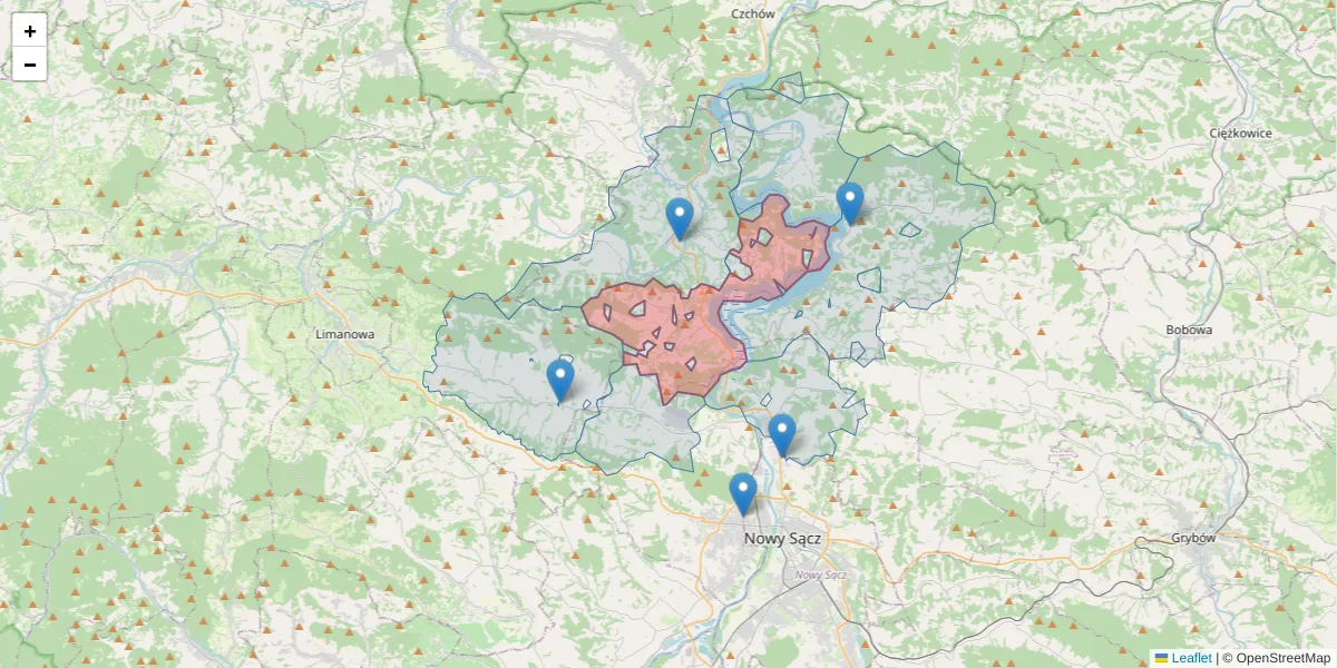 Szczegółowa mapa kodu pocztowego 33-312 z granicami, sąsiednimi kodami pocztowymi i urzędami pocztowymi