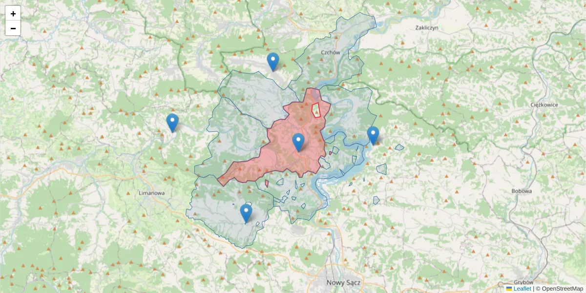 Szczegółowa mapa kodu pocztowego 33-314 z granicami, sąsiednimi kodami pocztowymi i urzędami pocztowymi