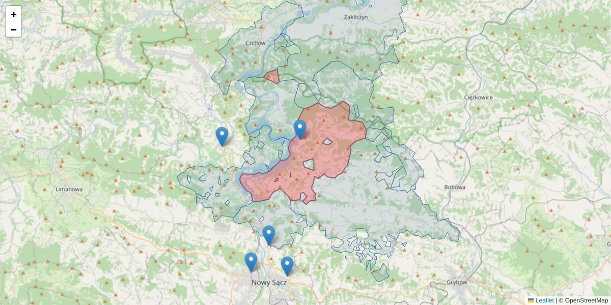 Szczegółowa mapa kodu pocztowego 33-318 z granicami, sąsiednimi kodami pocztowymi i urzędami pocztowymi