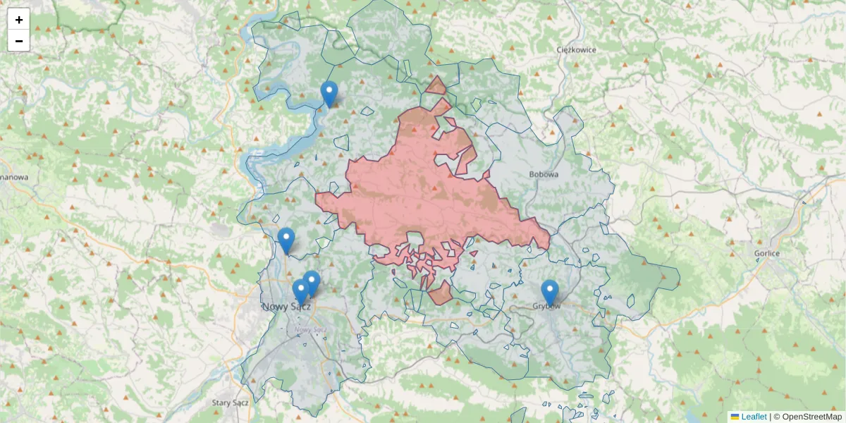 Szczegółowa mapa kodu pocztowego 33-322 z granicami, sąsiednimi kodami pocztowymi i urzędami pocztowymi