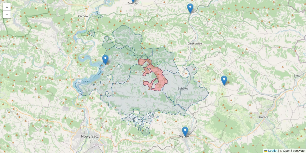 Szczegółowa mapa kodu pocztowego 33-323 z granicami, sąsiednimi kodami pocztowymi i urzędami pocztowymi