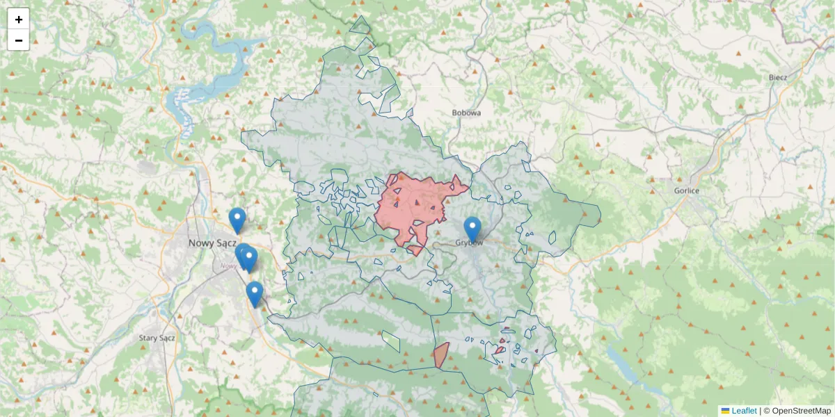 Szczegółowa mapa kodu pocztowego 33-325 z granicami, sąsiednimi kodami pocztowymi i urzędami pocztowymi