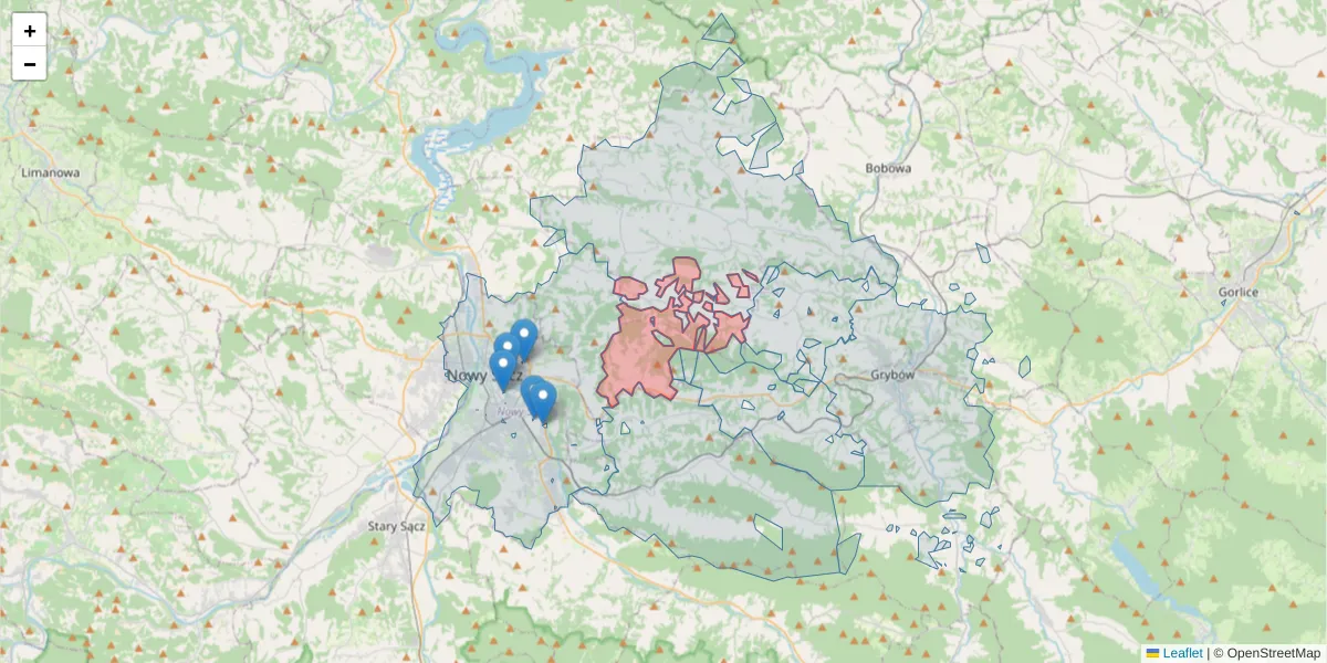 Szczegółowa mapa kodu pocztowego 33-326 z granicami, sąsiednimi kodami pocztowymi i urzędami pocztowymi