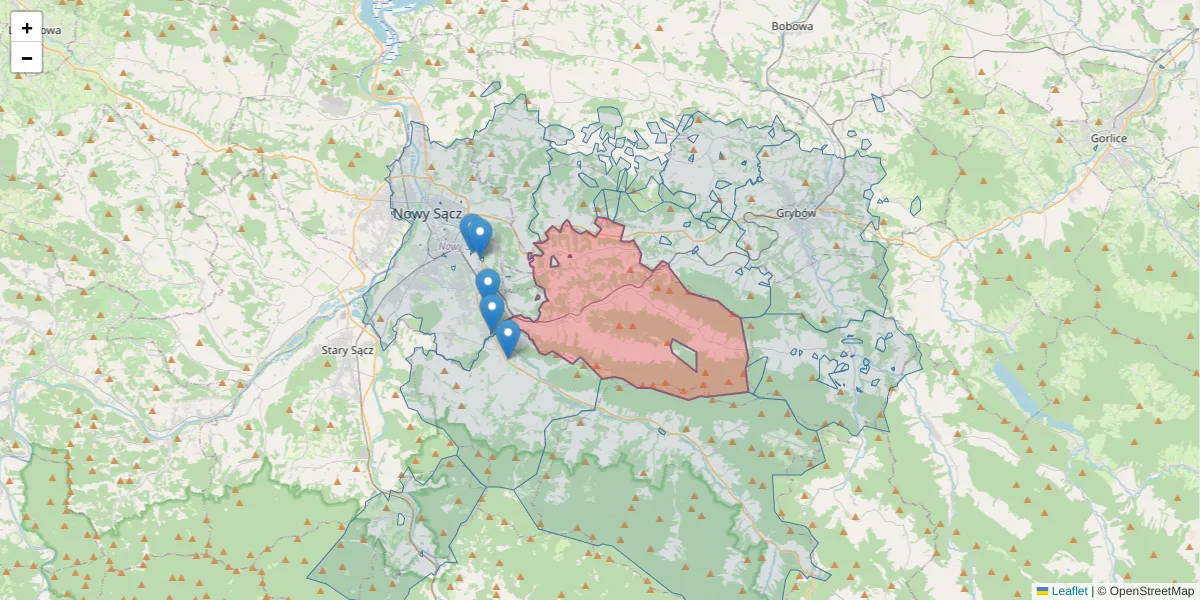 Szczegółowa mapa kodu pocztowego 33-334 z granicami, sąsiednimi kodami pocztowymi i urzędami pocztowymi